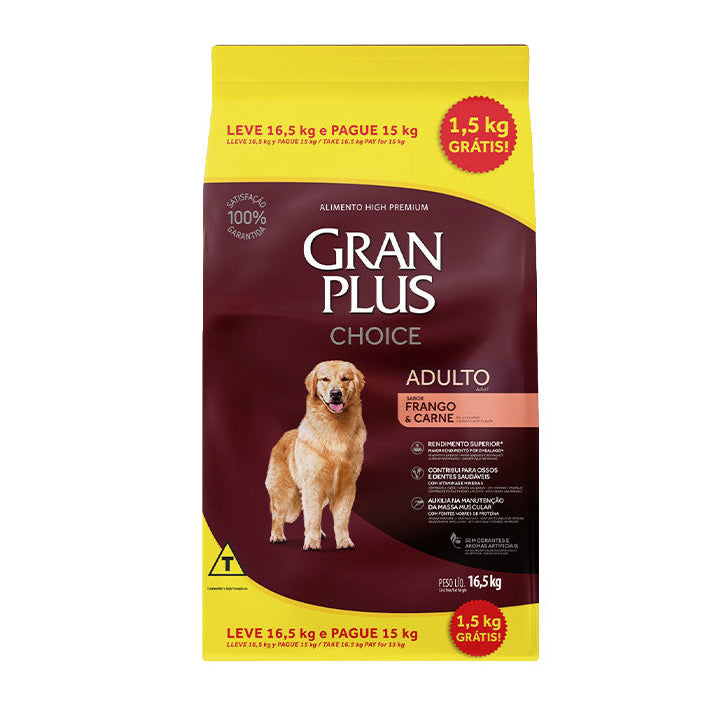 Ração GranPlus Choice Cães Adultos Frango e Carne 15kg + 1,5kg