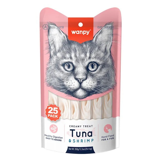 Petiscos para Gatos Wanpy Creamy Atum e Camarão 25 tubos 350g