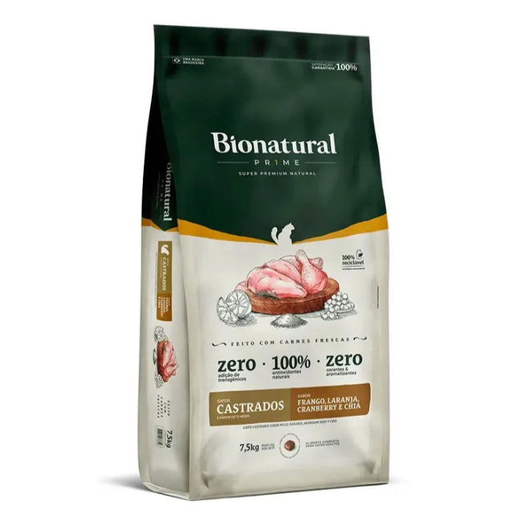 Ração Bionatural Prime Gatos Adultos Castrados Frango 7,5kg