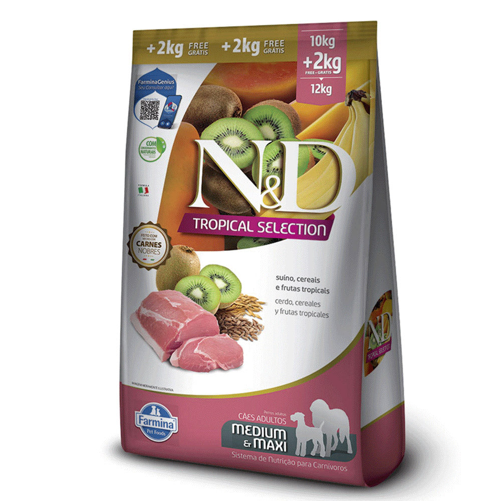 Ração N&D Tropical Selection Suíno, Cereais e Frutas Tropicais para Cães Adultos Medium e Maxi 10+2kg