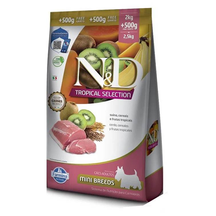 Ração N&D Tropical Selection Suíno, Cereais e Frutas Tropicais para Cães Adultos Raças Mini 2+0,5 Kg