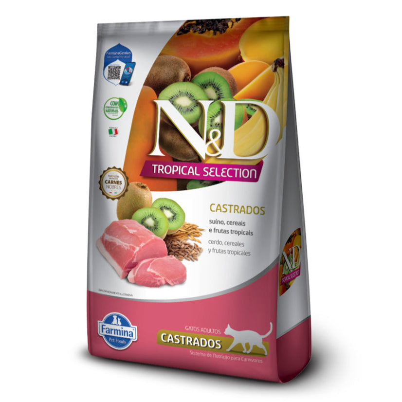 Ração N&D Tropical Selection Suíno, Cereais e Frutas Tropicais Gatos Adultos Castrados 400g