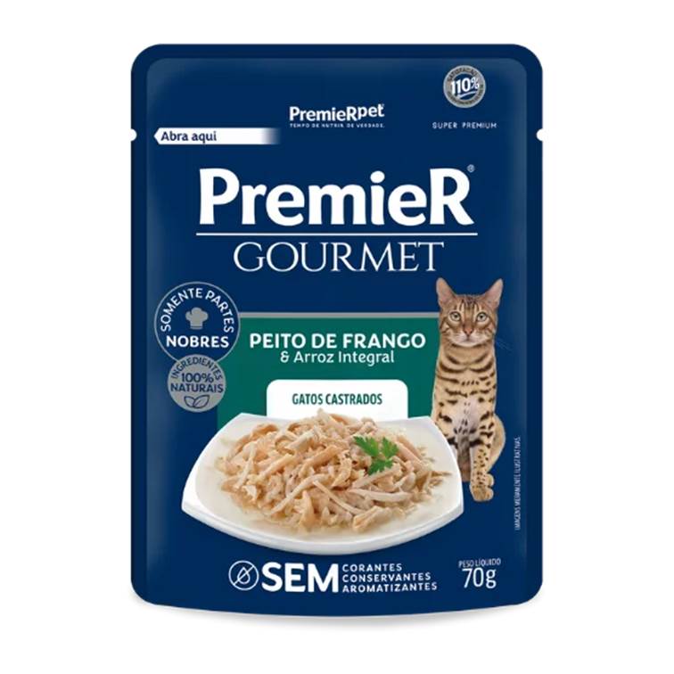 Alimento Úmido Premier Gourmet Sachê Gatos Castrados Frango e Arroz Integral 70g