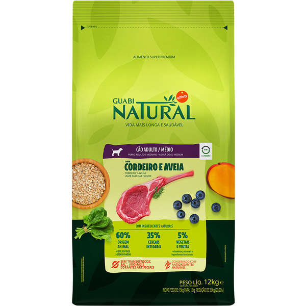 Ração Guabi Natural Cão Adulto Raças Médias Cordeiro e Aveia 12kg