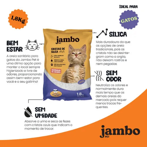 Areia Sanitária para Gatos Cristais de Sílica Jambo 1,8kg