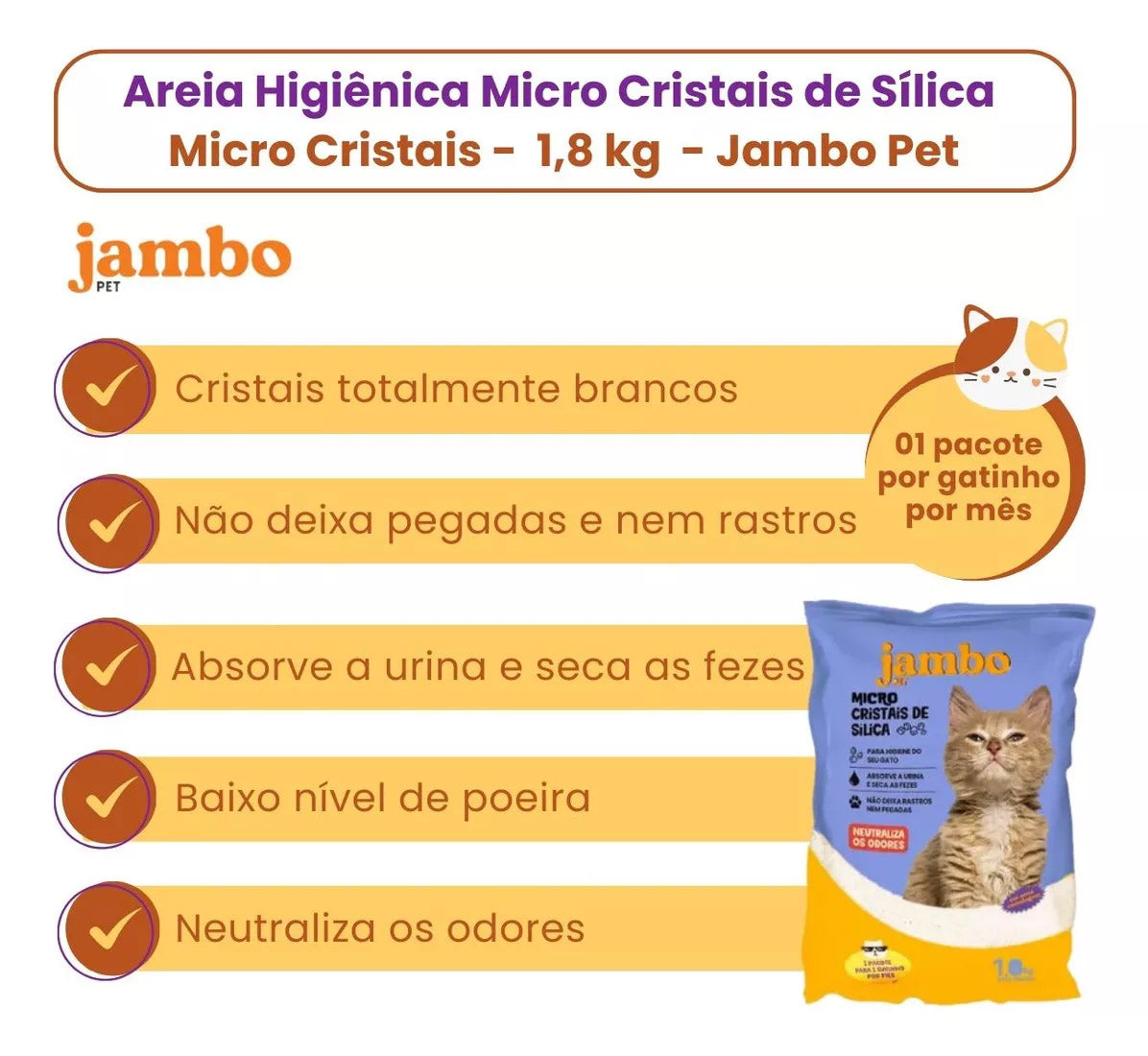 Areia Sanitária para Gatos Micro Cristais de Sílica Jambo 1,8kg