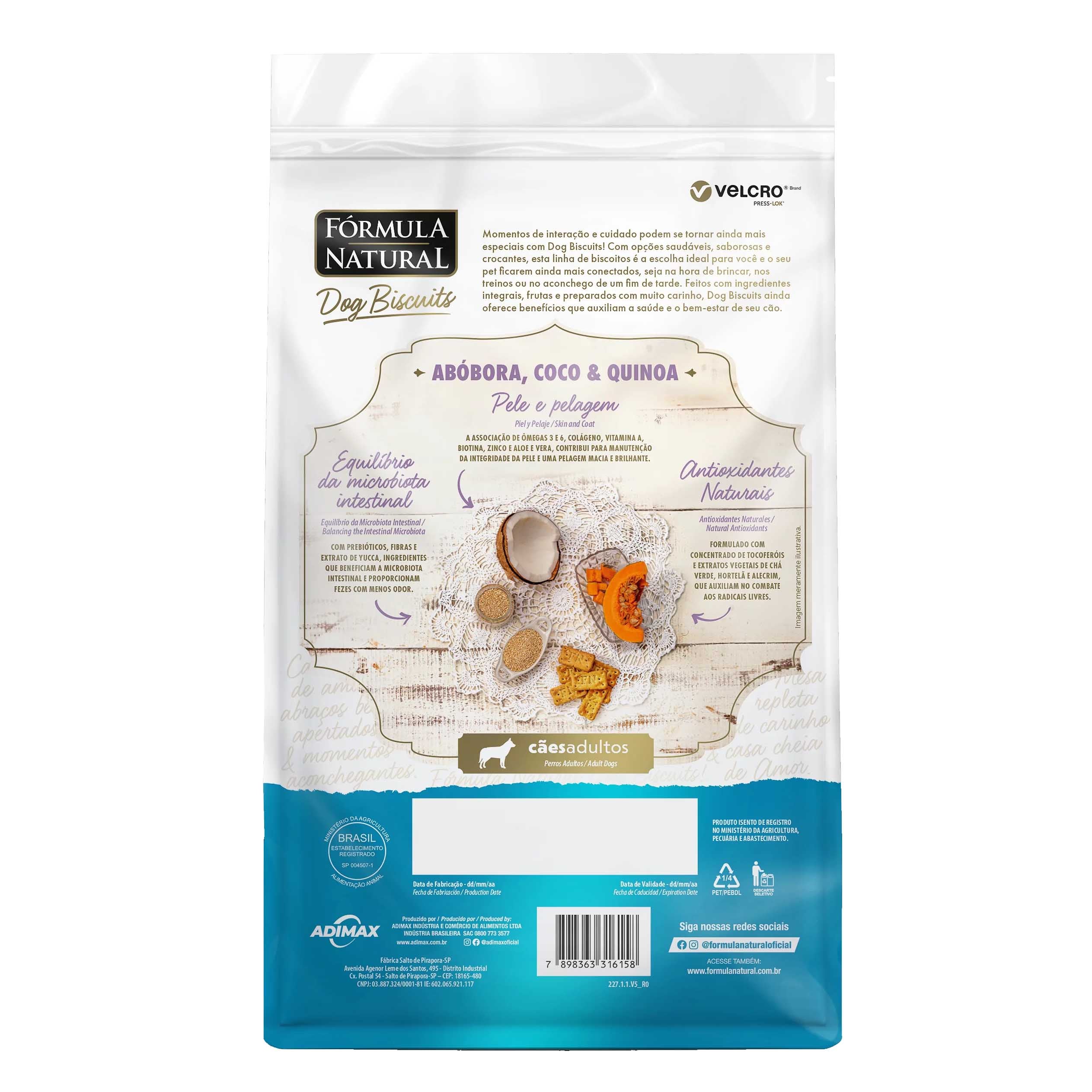 Biscoito Fórmula Natural Dog Biscuits Cachorros Adultos Porte Médio e Grande Abóbora, Coco e Quinoa 250g