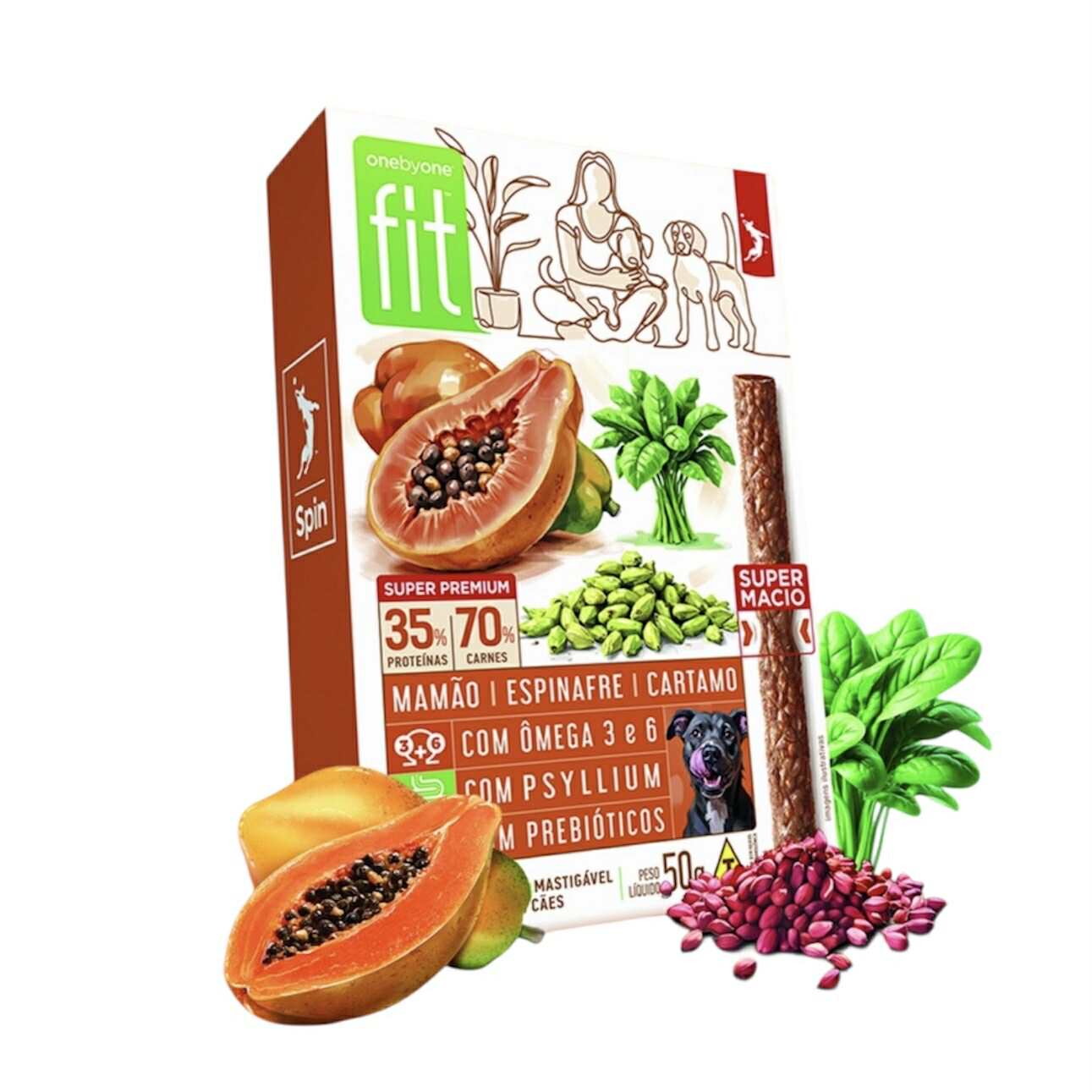 Petisco para Cães Onebyone Fit Stick Mamão, Espinafre e Cartamo 50g