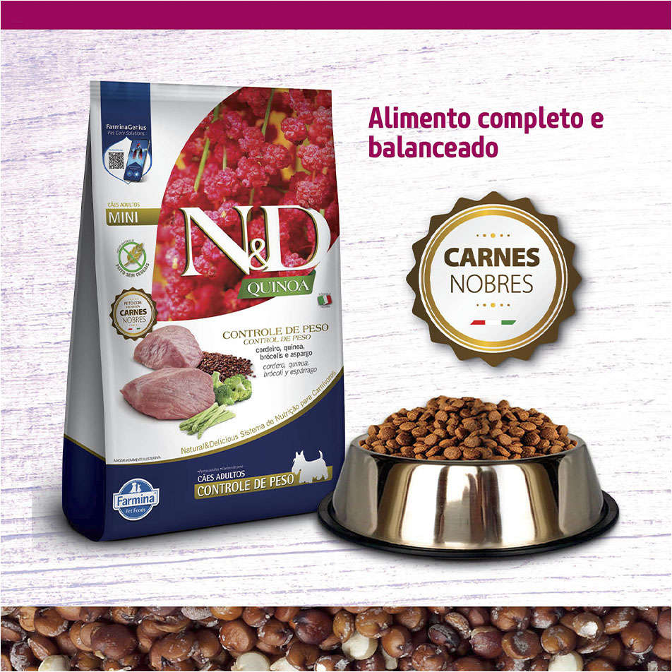 Ração N&D Quinoa Cães Adultos Mini Controle de Peso Suíno 800g