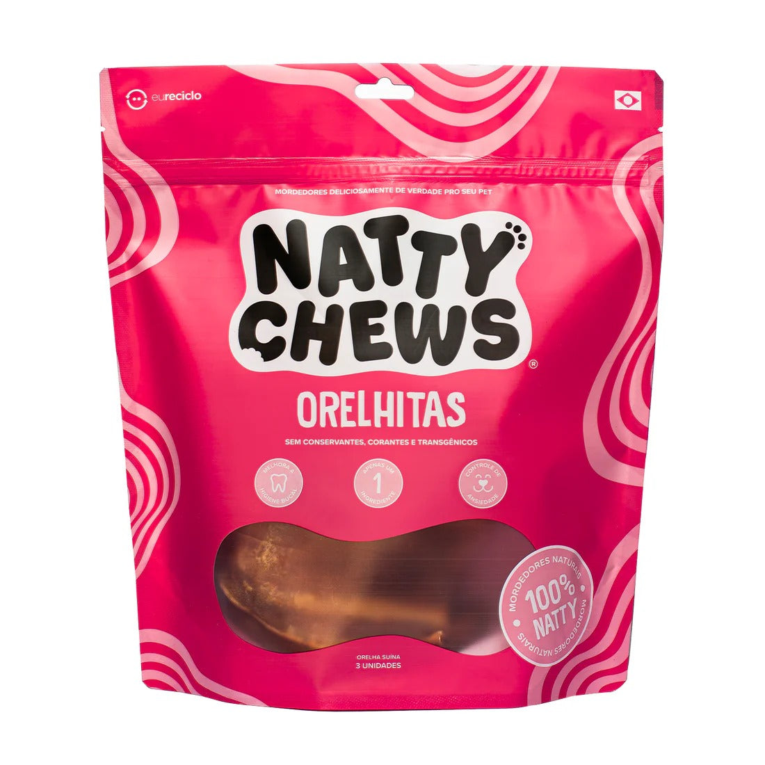 Petisco Orelhitas Natty Chews Orelha Suína Desidratada 3 unidades