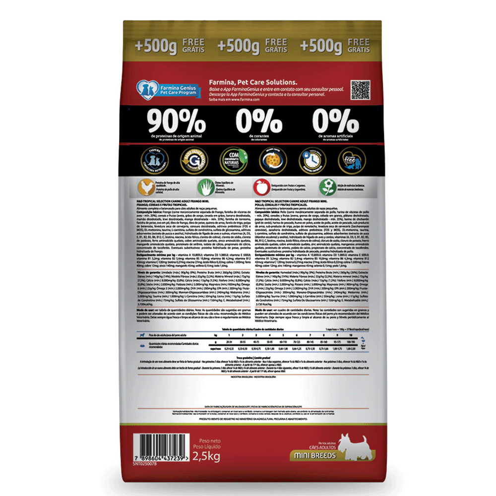 Ração N&D Tropical Selection Frango, Cereais e Frutas Tropicais Cães Adultos Raças Minis 2+0,5kg