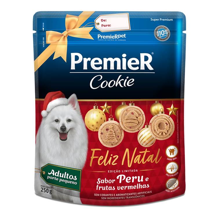 Biscoito Premier Cookie Natal Cães Adultos Pequeno Porte Peru e Frutas Vermelhas 250g
